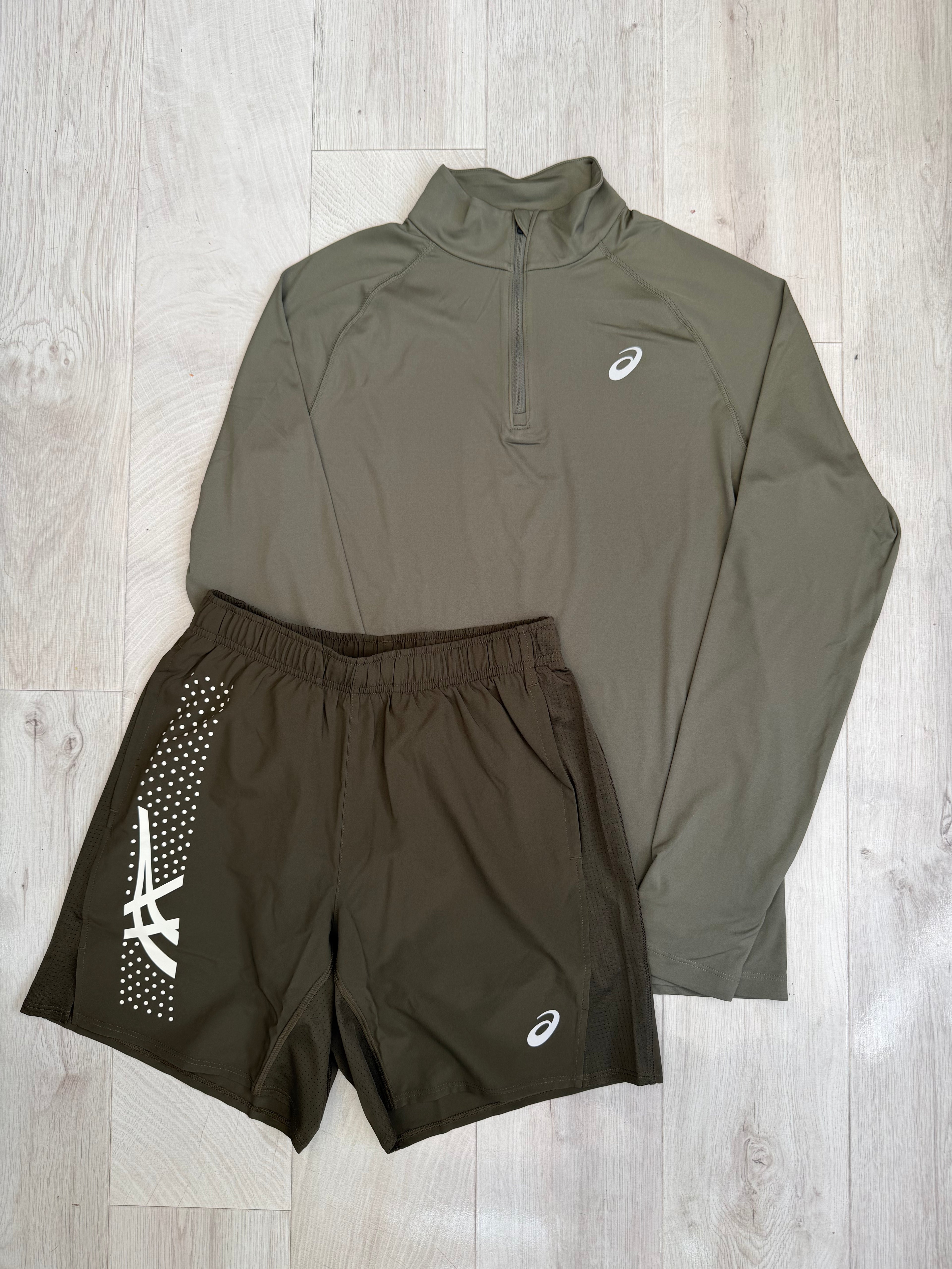ASICS 1/4 Zip Shorts Set (Khaki)